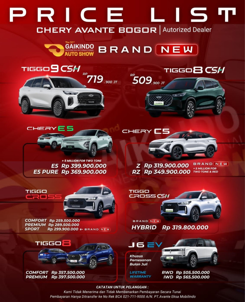 Pricelist Harga Chery curug 2025